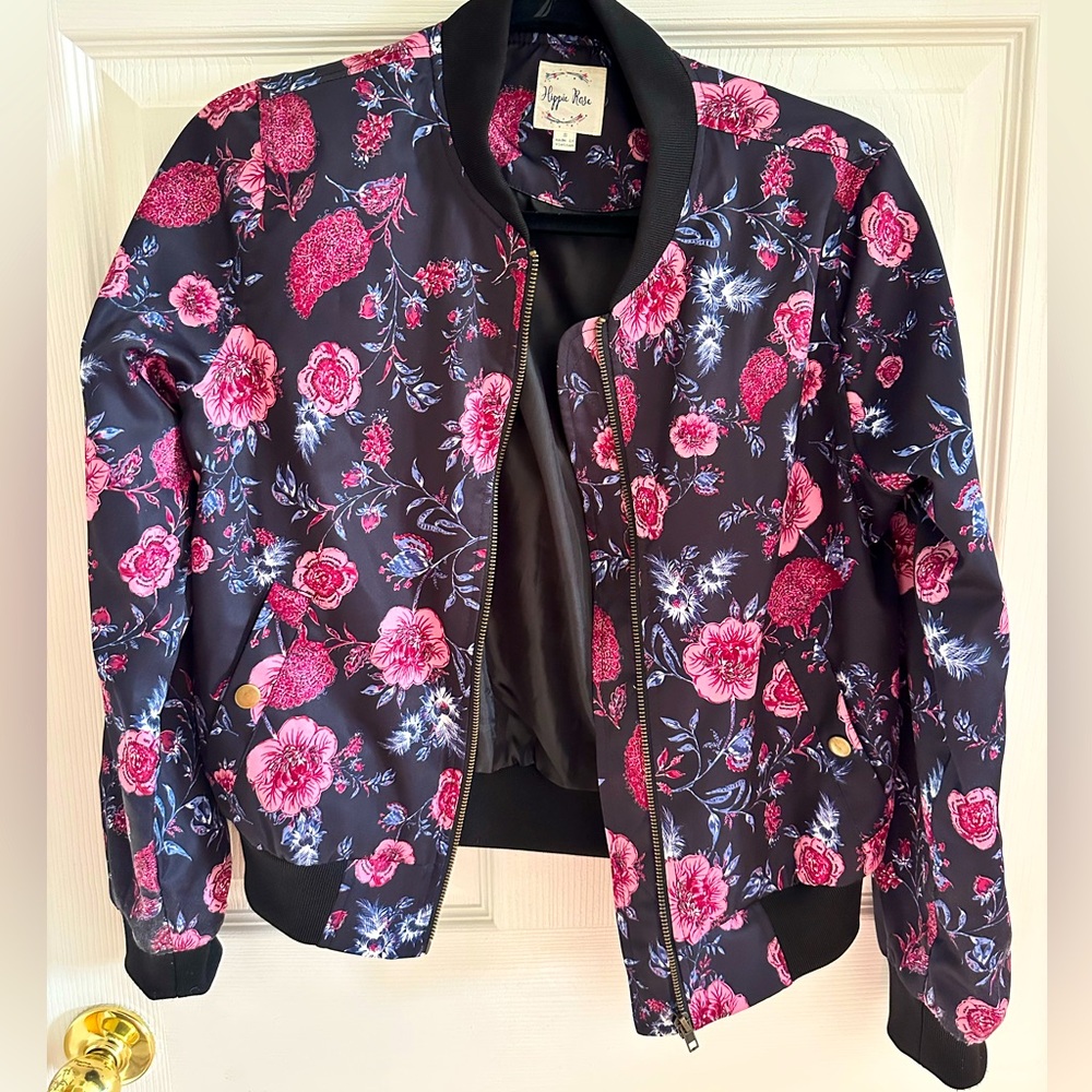 Hippie Rose Floral Bomber Jacket – Pink & Black – Size S – Thrifted, Y2K Chic